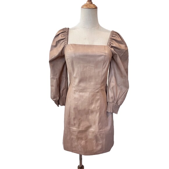 7 for All Mankind Tan Faux Leather Mini Dress Square Neck Long Sleeves NEW NWT - Picture 2 of 7